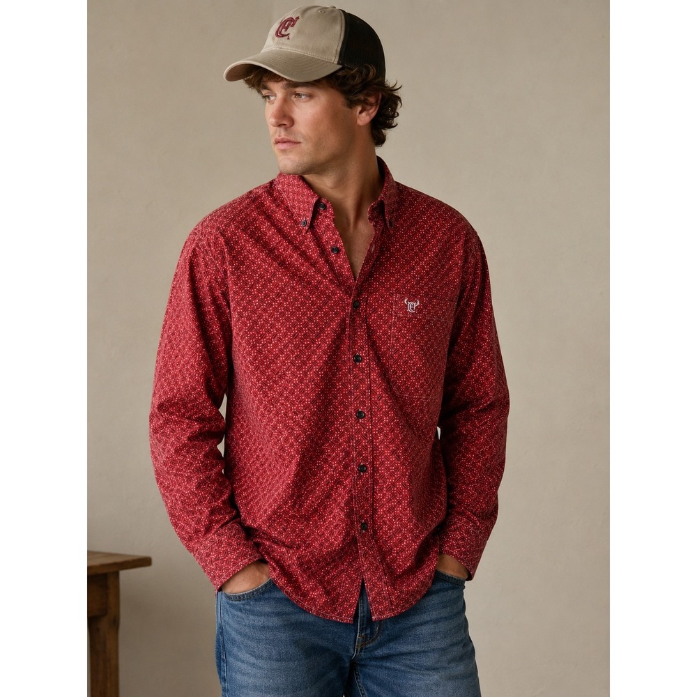 Cowboy Hardware Mens Small Red Geometric Print Long Sleeve Button Down Shirt